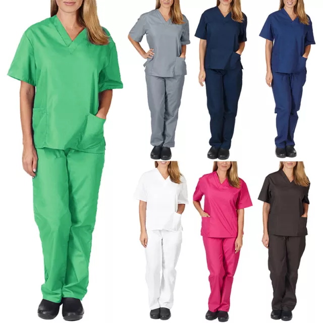 2Pcs/Set Womens Mens Nursing Medical Scrub Suit Doctor Nurse Uniform Tops Pants