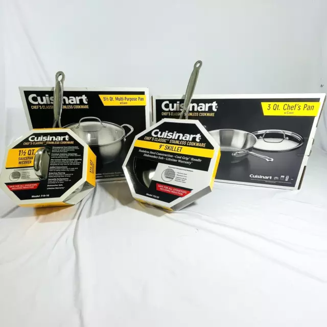 Cuisinart 4 Piece Chef's Classic Stainless Steel Cookware Saucepan Skillet Pan