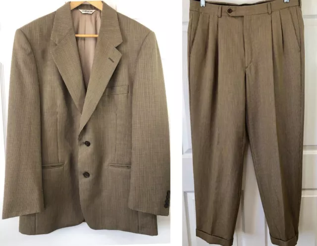 Vintage Claiborne Men's Brown Tan Houndstooth Worsted Wool Suit 40R 34x30