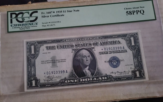 Fr.1607* 1935 $1 Sil. Cert. Star Note PCGS 58 PPQ