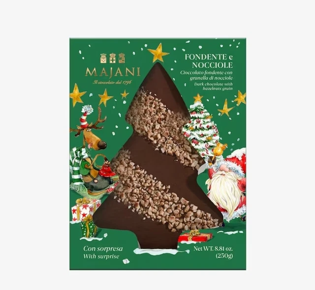 MAJANI ALBERO NATALE CIOCCOLATO FONDENTE E MANDORLE 250gr CON SORPRESA REGALO