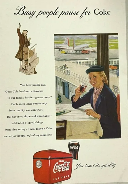 1953 Coca Cola Coke Airline Stewardess Airport / Maston Hawaii Vintage Print Ad