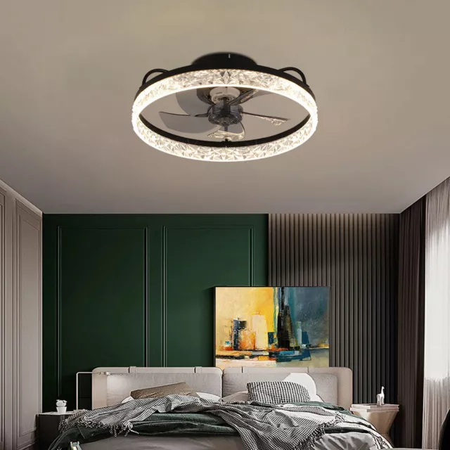 Round LED Ceiling Fan Light Dimmable Crystal Chandelier Lamp App+ Remote Control