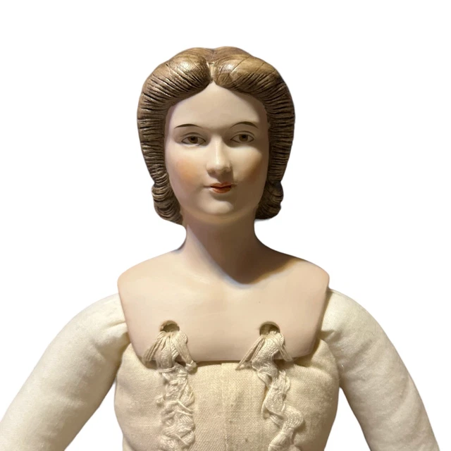 Bisque Porcelain Doll Cloth Soft Body Brown Hair Victorian Vtg Antique 18” 2