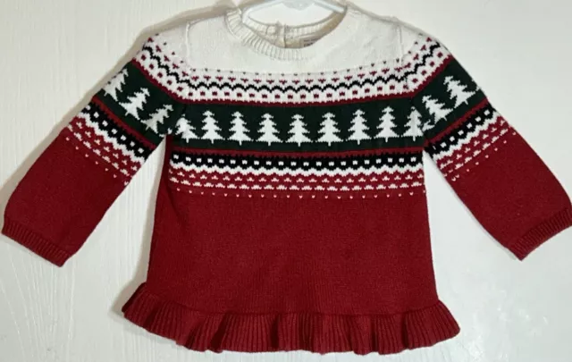 Carter's Baby Girl 12M Sweater Christmas Red/Green/White Trees Long Sleeve EUC