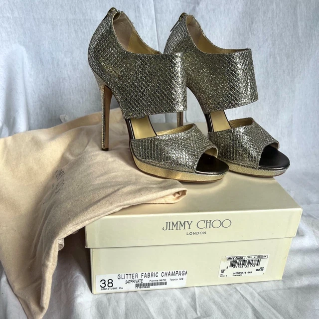 Jimmy Choo 24/7 Private heels in glittery Champagne, box, card, and dust bag inc