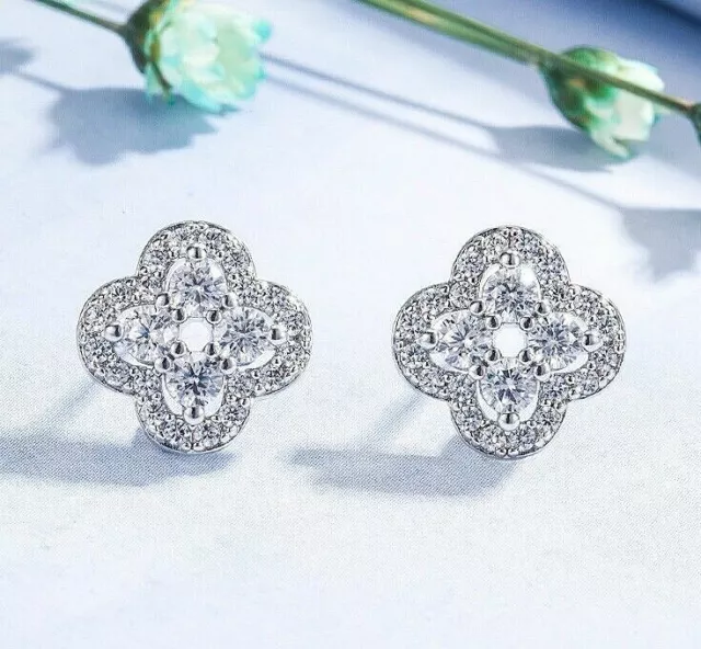 925 Sterling Silver Crystal Clover Stud Earrings Womens Girls Jewellery Gift
