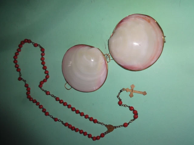 Chapelet ancien en verre - Boite à chapelet Coquillage nacre et laiton -