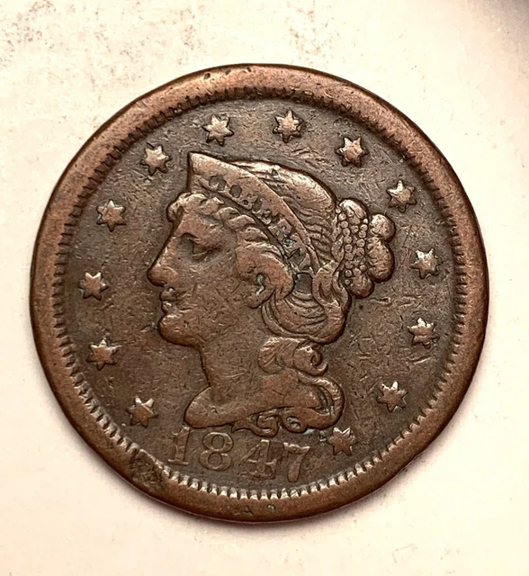1847 Braided Hair Large Cent Strong hair beads, great eye appeal! Look!! [LGC10]