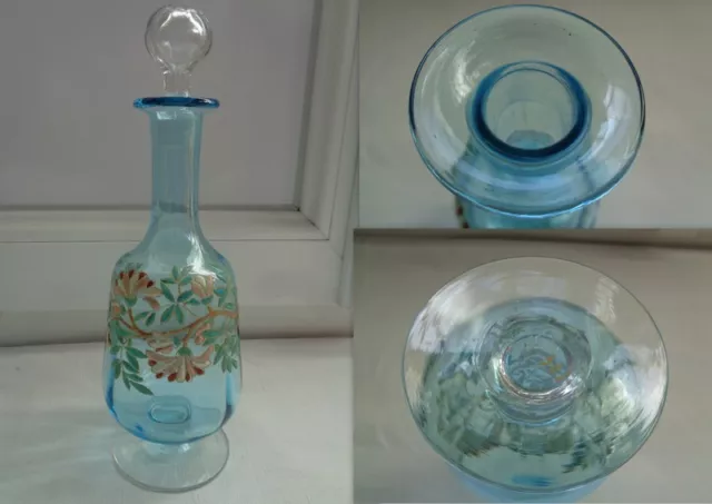 Ancienne Carafe En Verre Bleu Emaillee Legras Decor Floral Numerote 301
