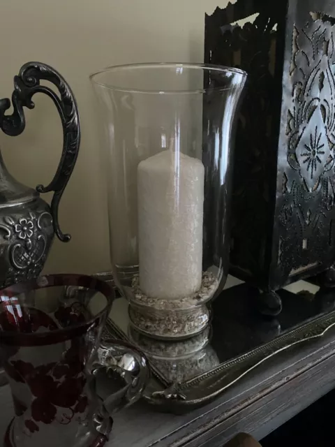 Large Clear Glass Hurricane Vase Storm Candle Holder & Crushed Pearl Sea Shells
