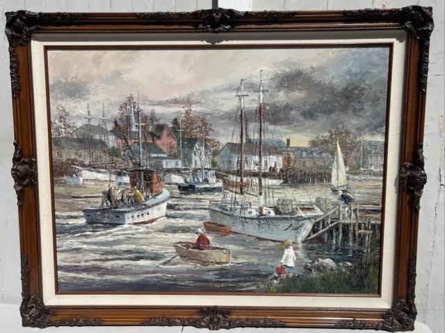Large Original Robert LEBRON Oil Painting Camden Maine Boats Harbor People Great