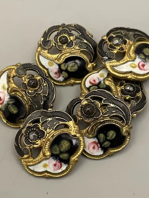 Lot Of 6 Antique ART NOUVEAU Enamel Brass Open Work Button W/ Floral Design .5in 3