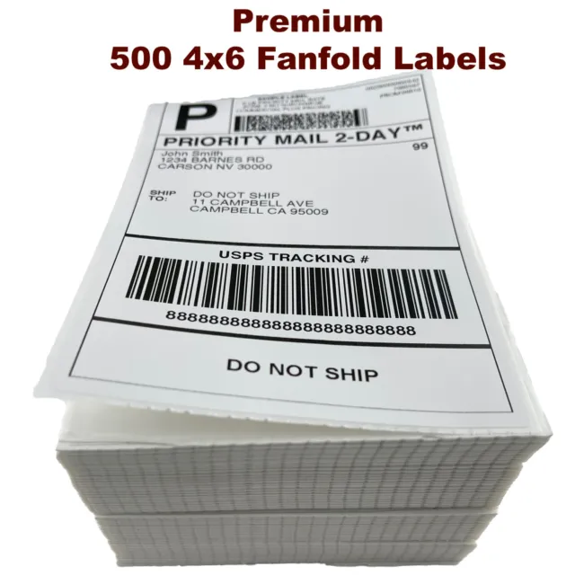 500 4x6 Fanfold Direct Thermal Shipping Labels for Zebra & Rollo Printers