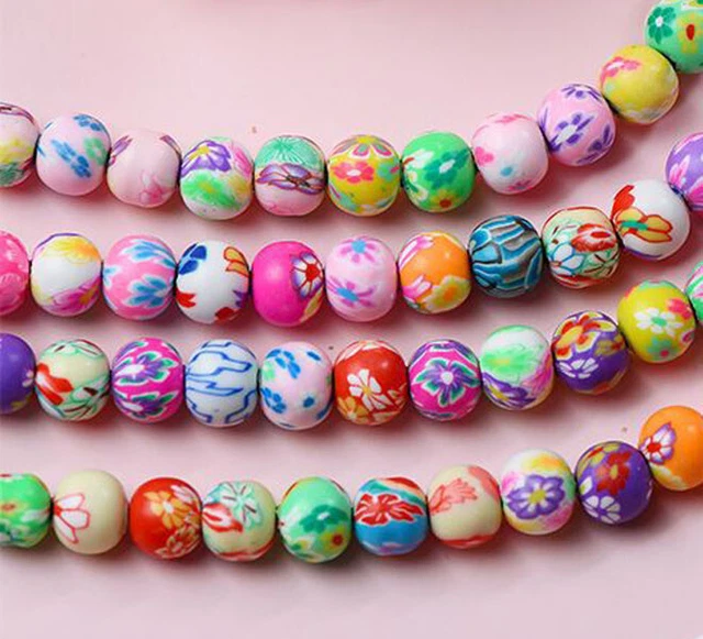 200x Round Flower Printed Handmade Polymer Clay Beads For Jewelry Making 8mm