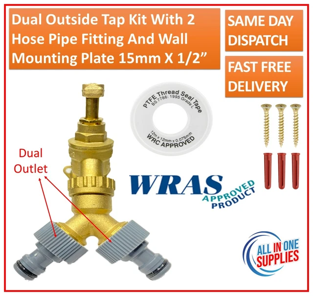 Dual Außenhahn Kit mit 2 Schlauch Rohrverschraubung und Wandmontageplatte 15mm x 1/2