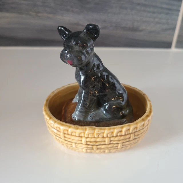 Vintage Schnauzer Scottish Terrier Dog Puppy Figurine in a Basket Bed