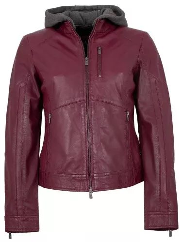 Jilani - Damen Echtleder Lederjacke Lammnappa Kapuze portwein