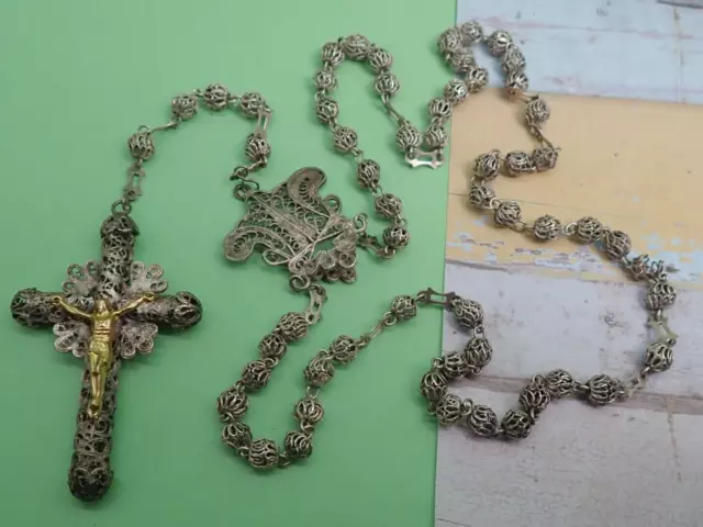 Filigree Rosary Late 19c 5 Decade 17" Brass Crucifix Mary Center with 3D Crown