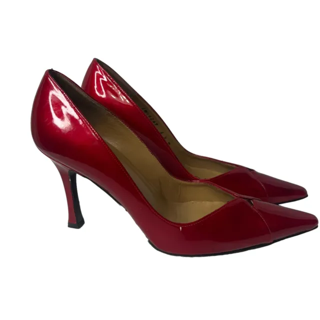 Stuart Weitzman SZ 6.5 Red Patent Leather Pointed Toe Candy Apple Slip on Pumps