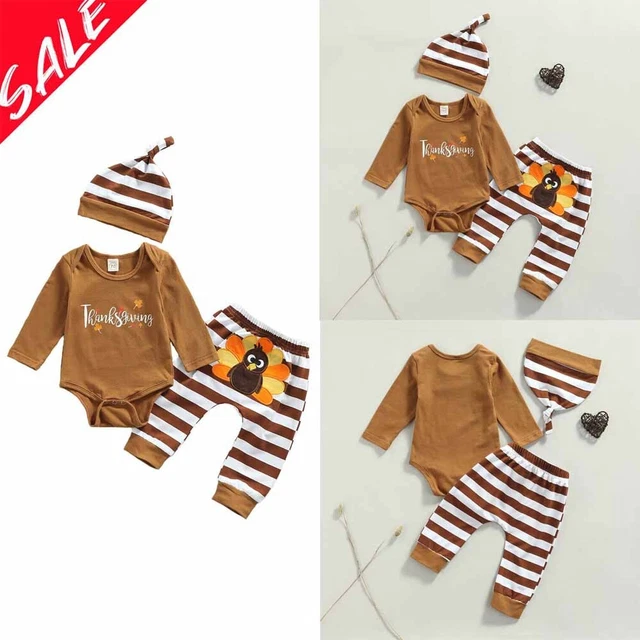 Newborn Infant Baby Thanksgiving Turkey Clothes Kids Boy Girl Romper Tops+Pants