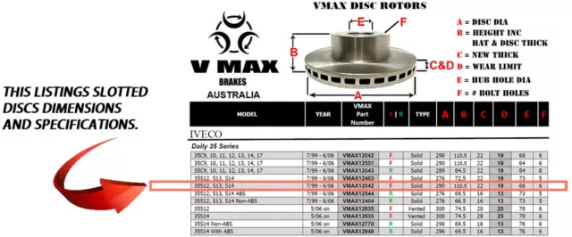 SLOTTED VMAXJ fits IVECO Daily 35 Series 35S12 S13 S14 68mm FRONT Disc Rotors 2