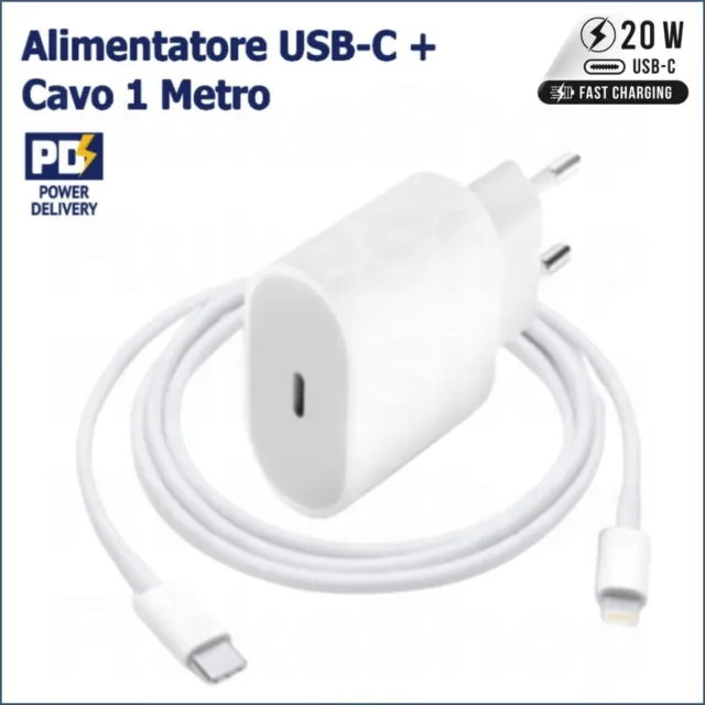 CARICABATTERIE USB TIPO C + CAVO FAST CHARGE PER APPLE IPHONE RICARICA RAPIDA 1m