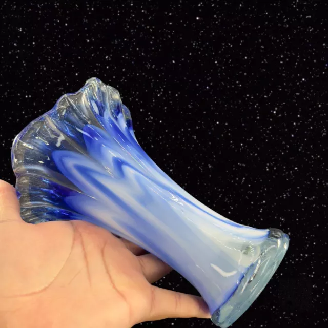 1980s Hand Blown Art Glass Swung Vase Clear White Cobalt Blue Glass Hand Made 3
