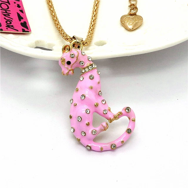 Pink Enamel Crystal Leopard  Cute Pendant Betsey Johnson Sweater Chain Necklace