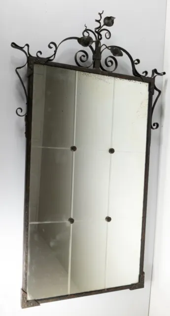 Antique Decorative Blacksmith Hand Wrought Iron Wall Mirror With Floral Scrolls