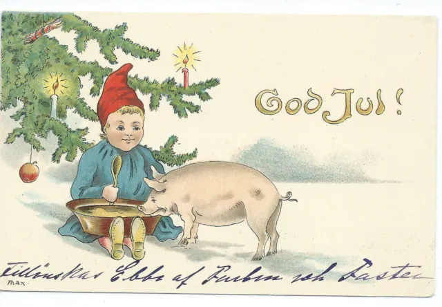 AK Künstler Weihnachten "God Jul" Kleiner Wichtel Zwerg Schwein signiert MAX