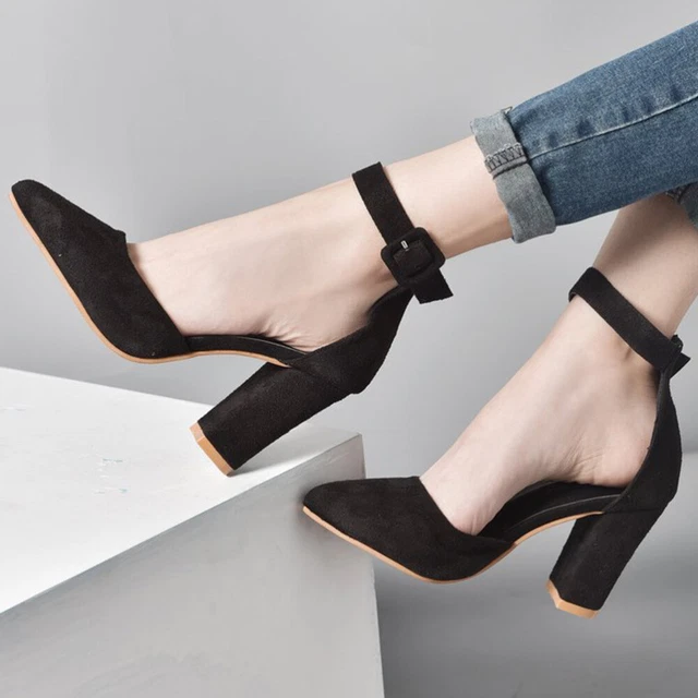 Pointed Toe Pumps Shoes Women's Hollow High Heel Shoes Chunky Heels Women Buckle