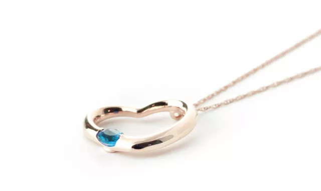14K. SOLID GOLD HEART NECKLACE WITH NATURAL BLUE TOPAZ (Rose Gold) 3