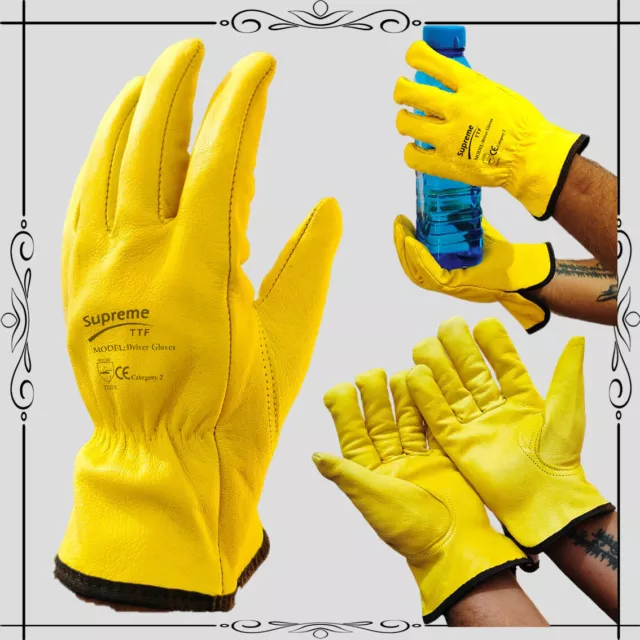 New Leather Work Gloves Driver Yellow Fleece Lined Lorry Truck Driving Gardening