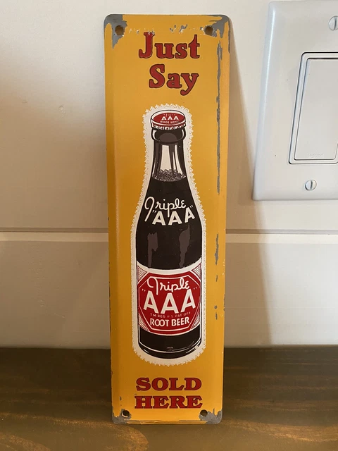 Extremely Rare Triple AAA Rootbeer Soda Pop Advertising Door Push Metal Sign