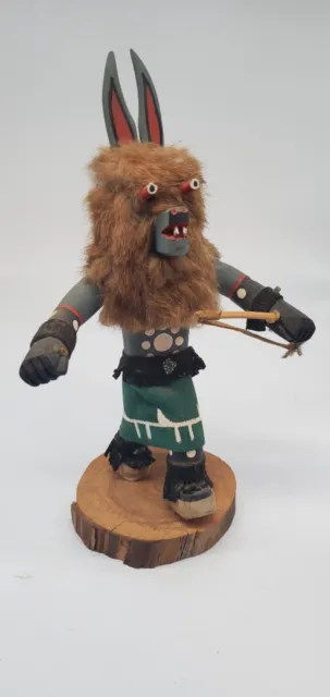 H1 Vintage Native American Kachina Doll Wolf Signed Holding Bow 12"