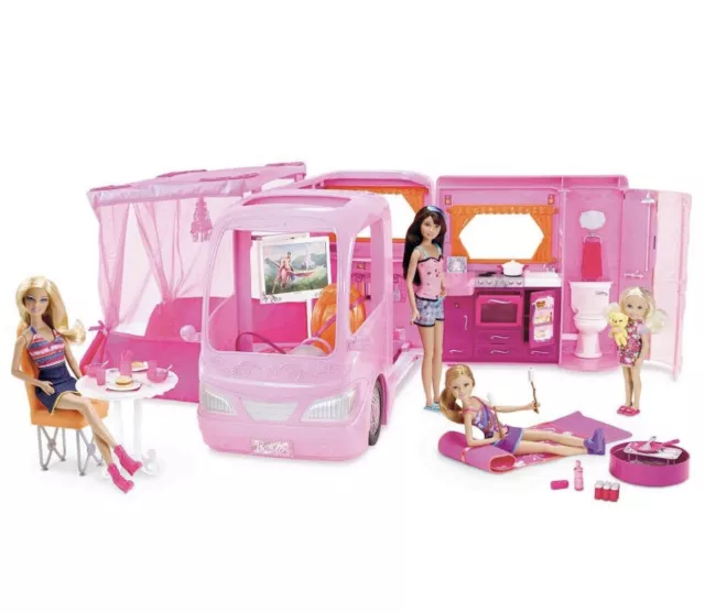 Barbie Camper RV Pink Vacation Glamour Van Car With 7 Dolls Pop out Tent  102 Pcs