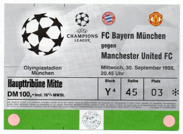 Biglietto EC Bayern MINUSCOLA - Manchester United 30.09.1998