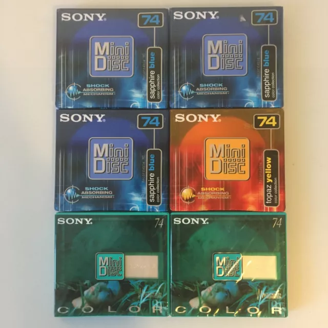 LOT 6x SONY Recordable Audio Minidiscs Color MD 74 min. Blue Yellow Green SEALED