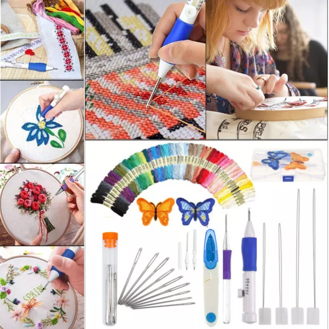 UK DIY Embroidery Pen Knitting Sewing Tool Kit Magic Punch Needle 50 Threads Set