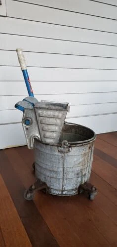 Vintage Galvanized Steel Mopping Bucket on Casters & White Mop Wringer