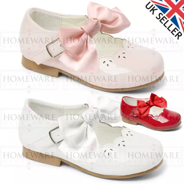 Girls Spanish Style Bow Shoes Mary Jane Shiny Patent Pink White Designer Uk4-2