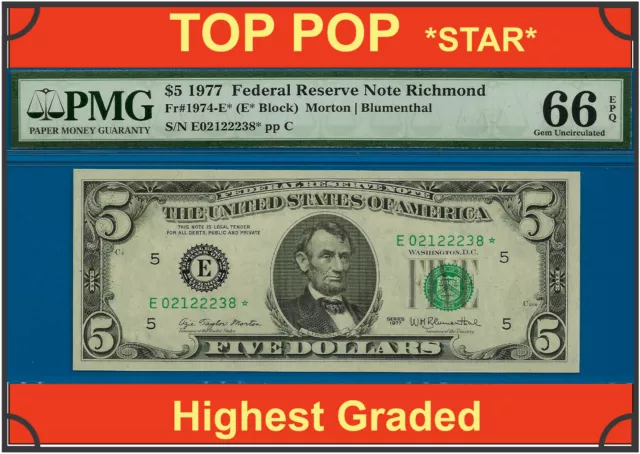1977 $5 Federal Reserve Note PMG 66EPQ top pop finest Richmond star Fr 1974-E*