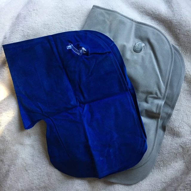 2 Inflatable U-Shaped Pillows~Travel Neck  Flocked Fabric Air Pillow~Blue & Gray