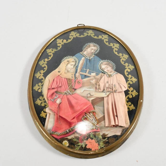 J32O62- Klosterarbeit Collage Heilige Familie, Chromolitho & Textil Fleckerlbild