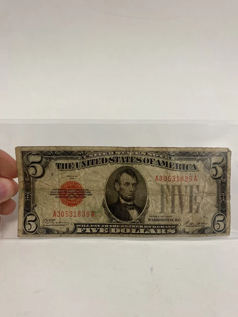 1928 $5 Red Seal Bill Abe Lincoln Dollars Rare Certificate Old Five Dollar Money