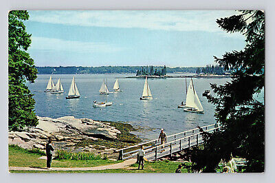 Postcard Maine Boothbay Harbor ME Linekin Bay Resort Boats 1960s Unposted Chrome