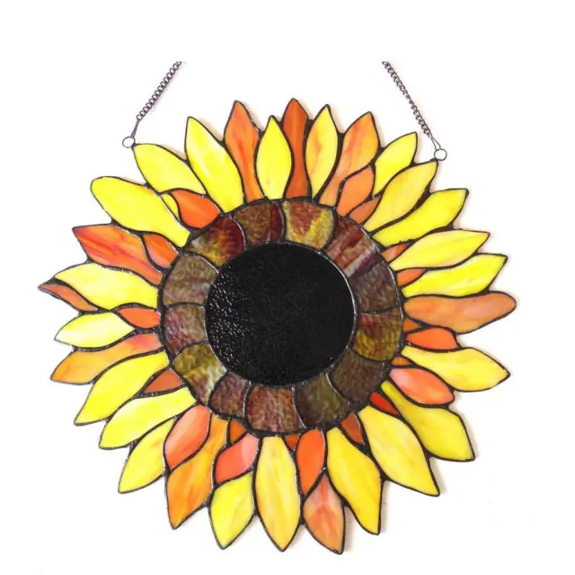 Tiffany Style Sunflower Stained Glass Window Panel Suncatcher w/Hanging Chain
