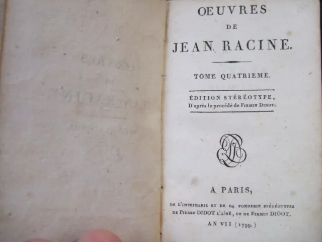 lot livres anciens, 1799, 1 volume, Oeuvres de Jean Racine, TOME IV