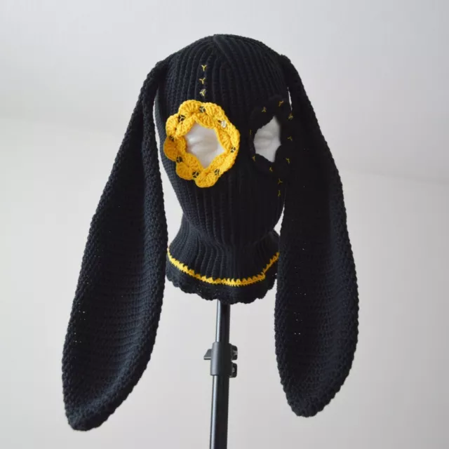 Cagoule au crochet lapin noir personnalisé tricot mignon bonnet masque de...